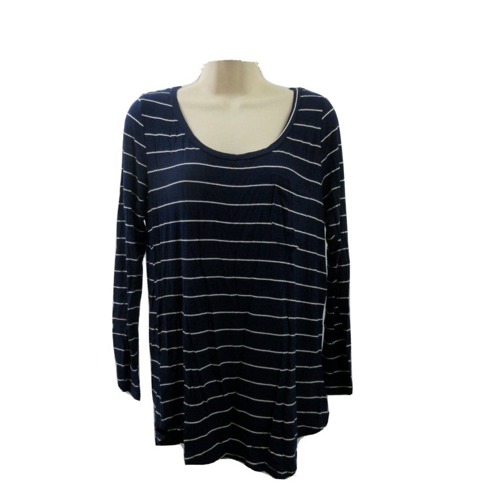 Love Charm T-Shirt Sz XL Striped Navy White Front Pocket Long Sleeve Curved Hem